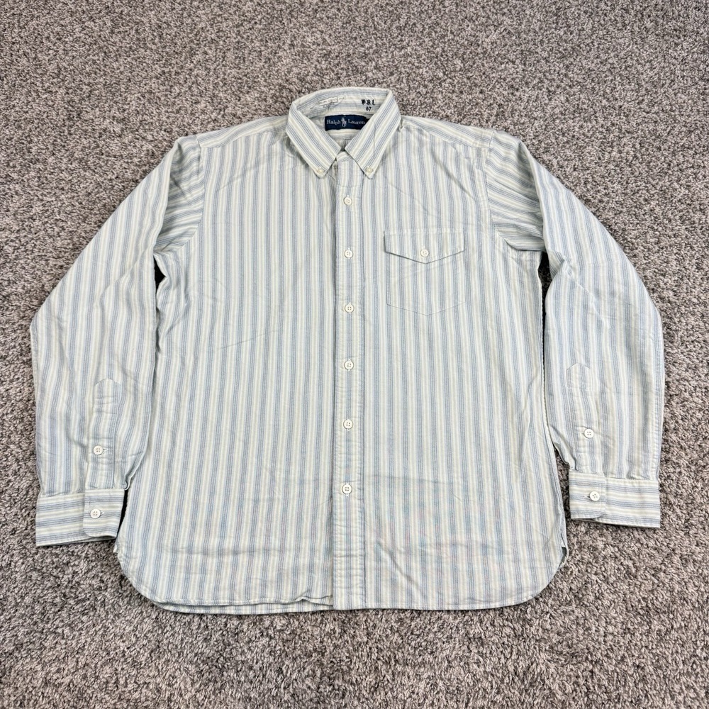 Ralph Lauren Shirt Mens Medium Blue Striped Bleecker RL Academy Naval Button Up